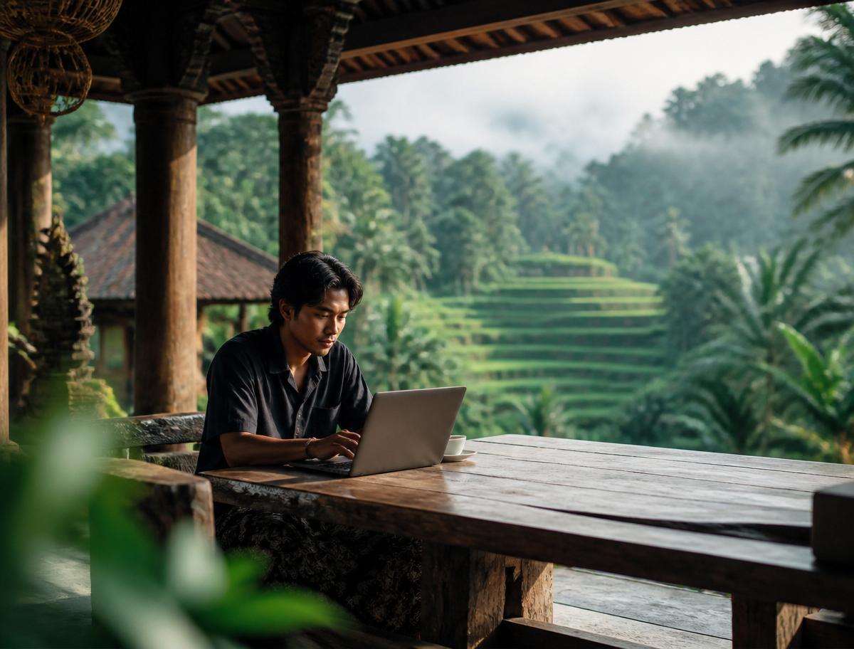 Anak muda bekerja dengan laptop di pendopo desa menghadap sawah terasering