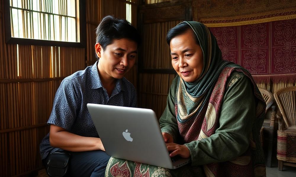 Mentor mendampingi pelaku UMKM desa memakai laptop di rumah komunitas